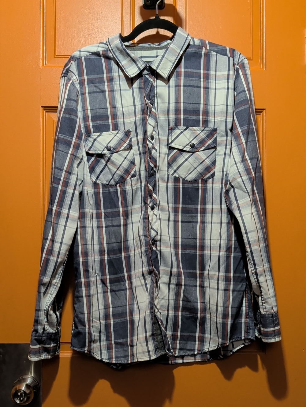 Warehouse Navy, White & Tan Plaid Button-Down Shirt